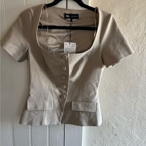 Zara Taupe Button-Front Blouse
